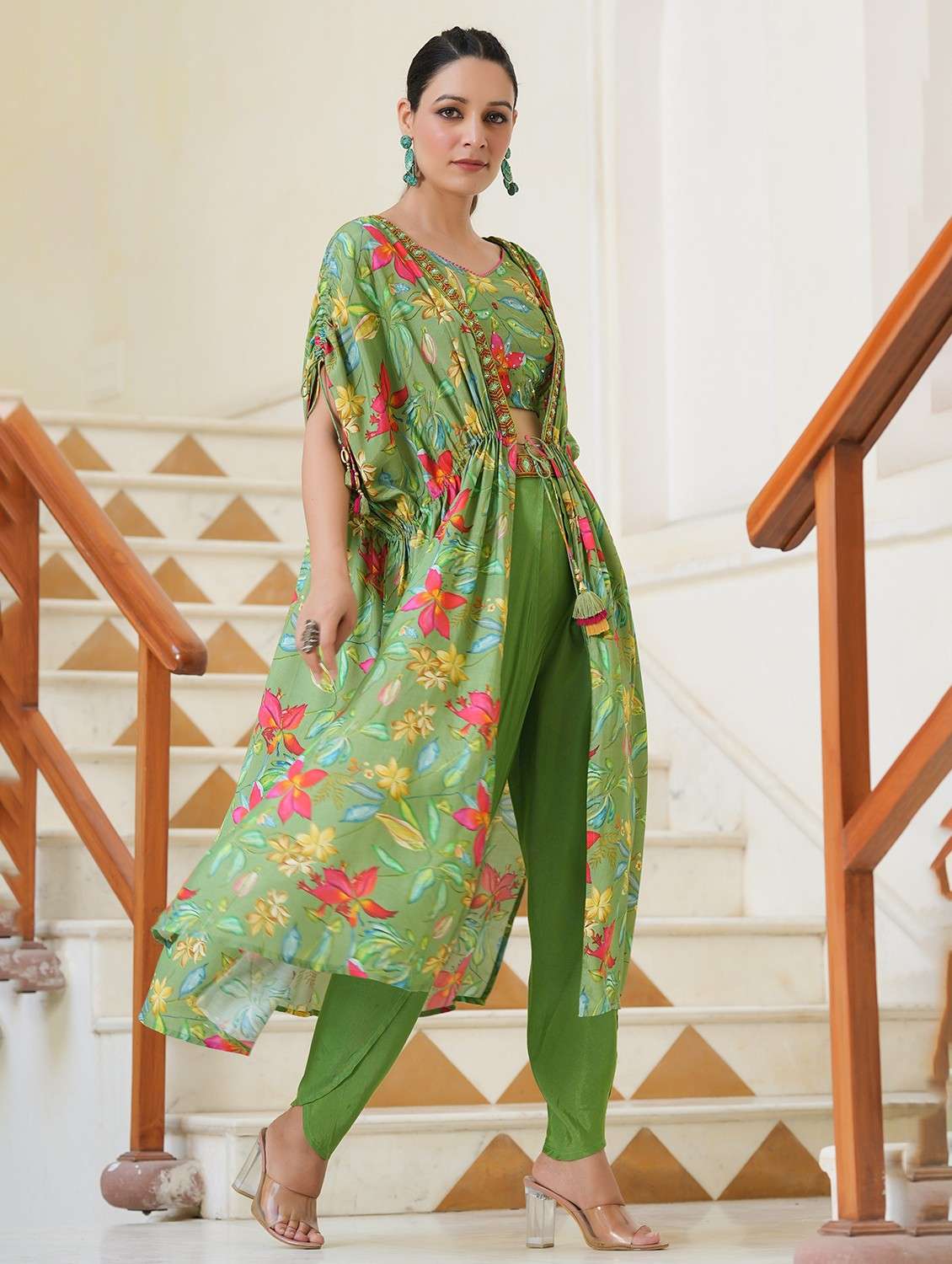 Women Floral Kimono Sleeve Kaftan Kurta Pant  Set