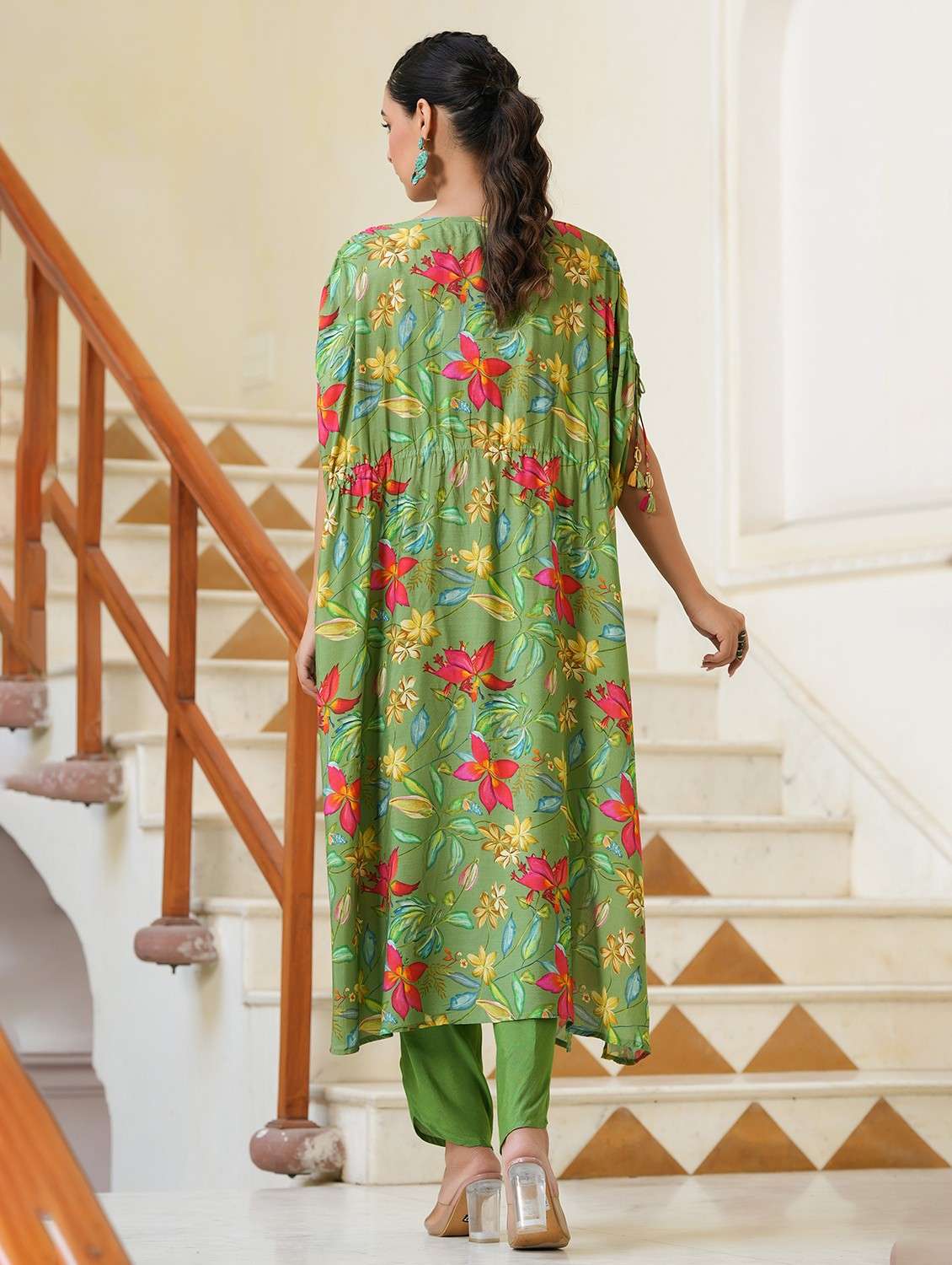 women floral kimono sleeve kaftan kurta pant set - 22061790 - Standard Image - 2