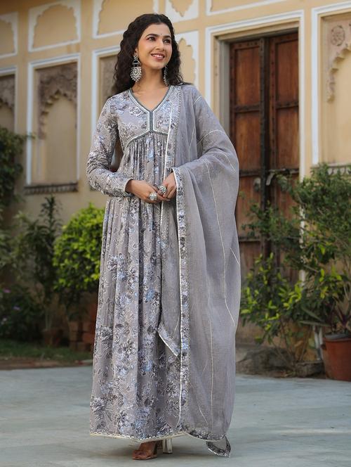 grey cotton aline gown - 22061801 - Standard Image - 0