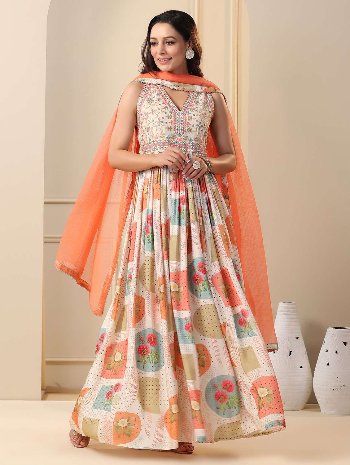 women printed sleeveless anarkali and dupatta set