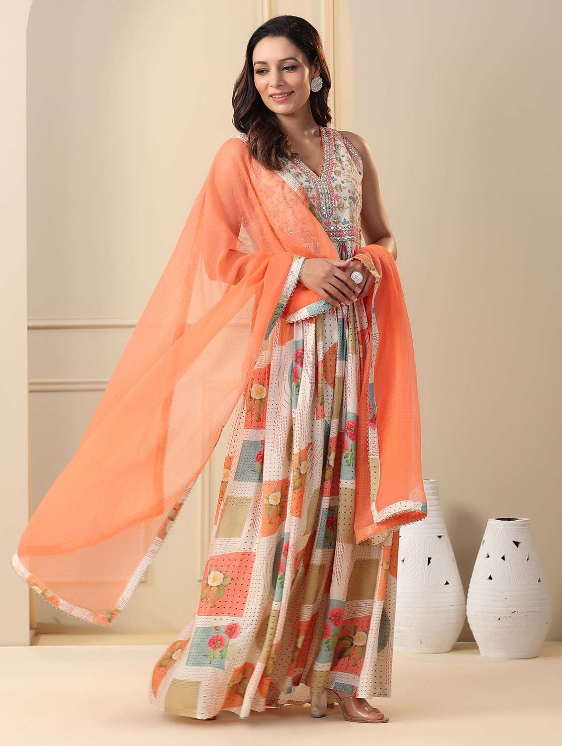 women printed sleeveless anarkali and dupatta set - 22061819 - Standard Image - 2