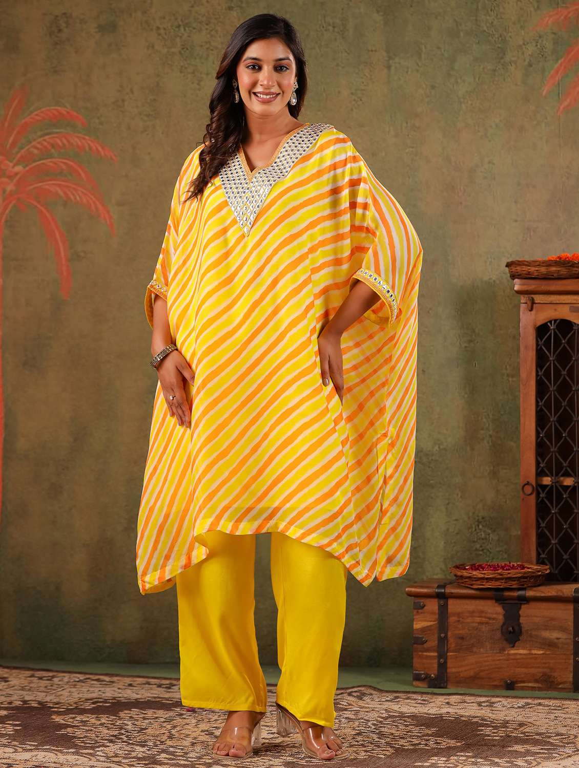 women leheriya kimono sleeve kaftan kurta with pant set - 22062031 -  Zoom Image - 0