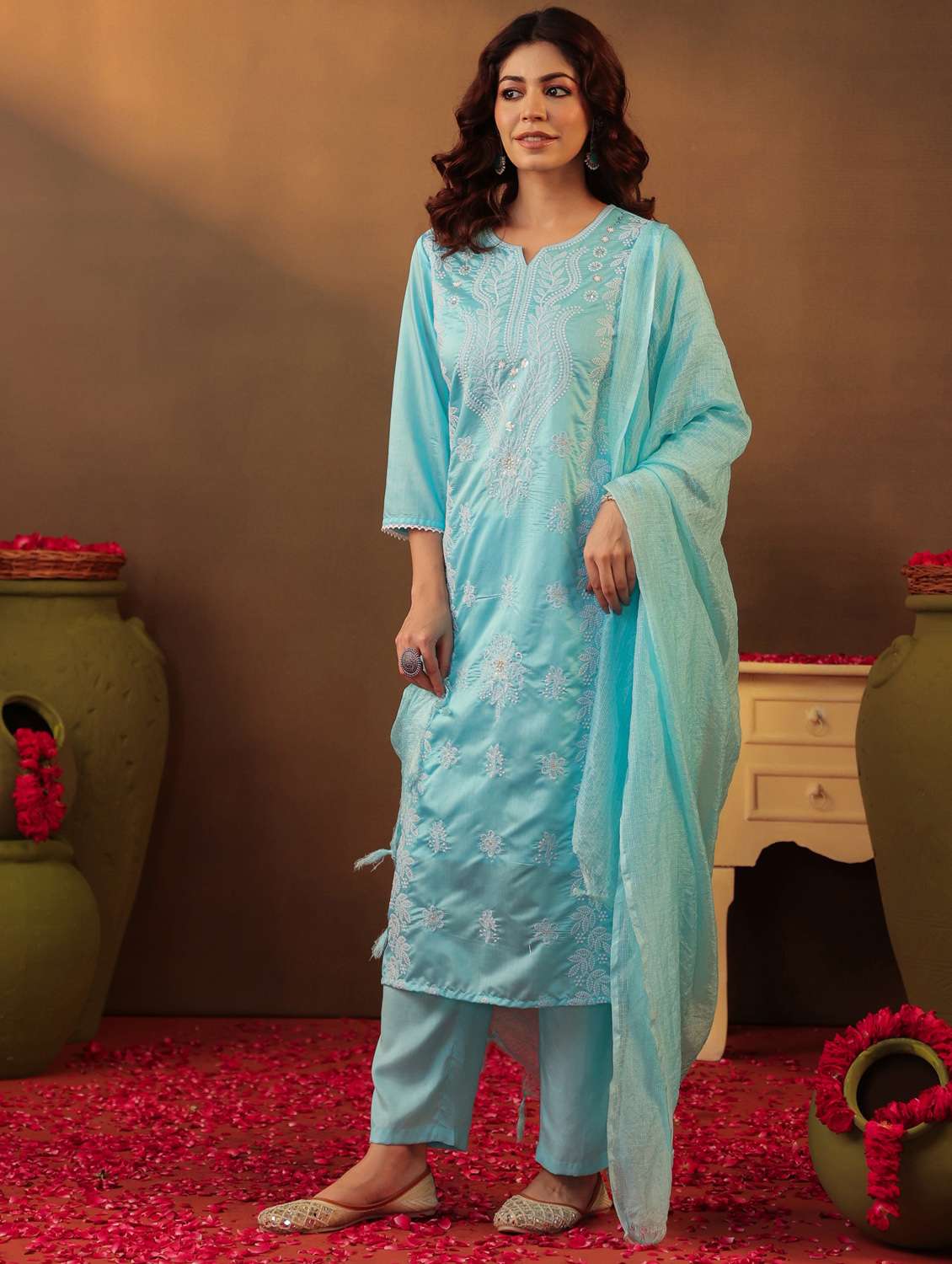 women three quarter sleeve kurta pant with dupatta set - 22062039 - Standard Image - 2