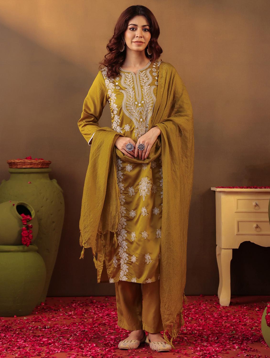 olive silk kurta pant set - 22062041 - Standard Image - 2