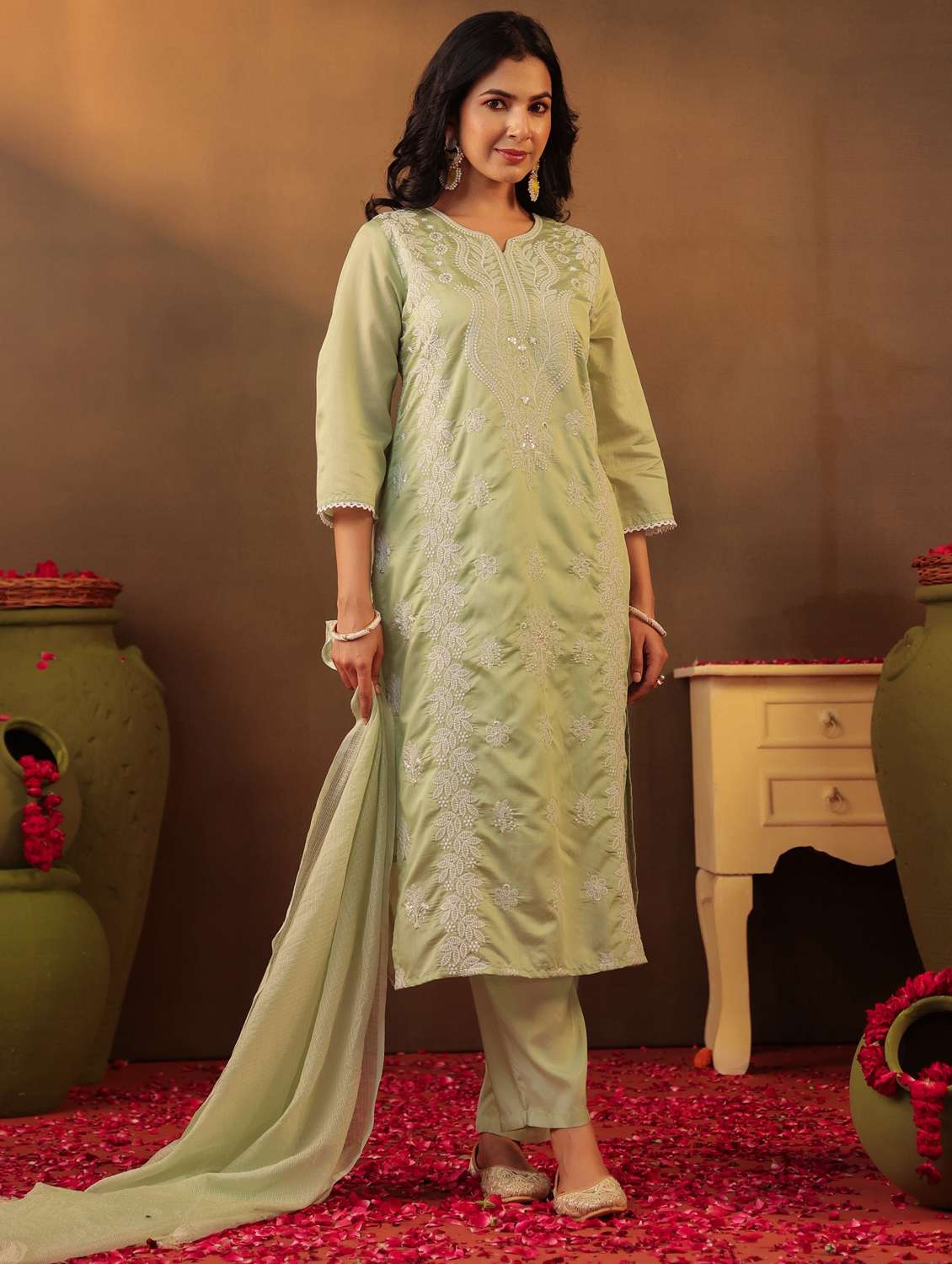 women three quarter sleeve kurta pant with dupatta set - 22062043 -  Standard Image - 2