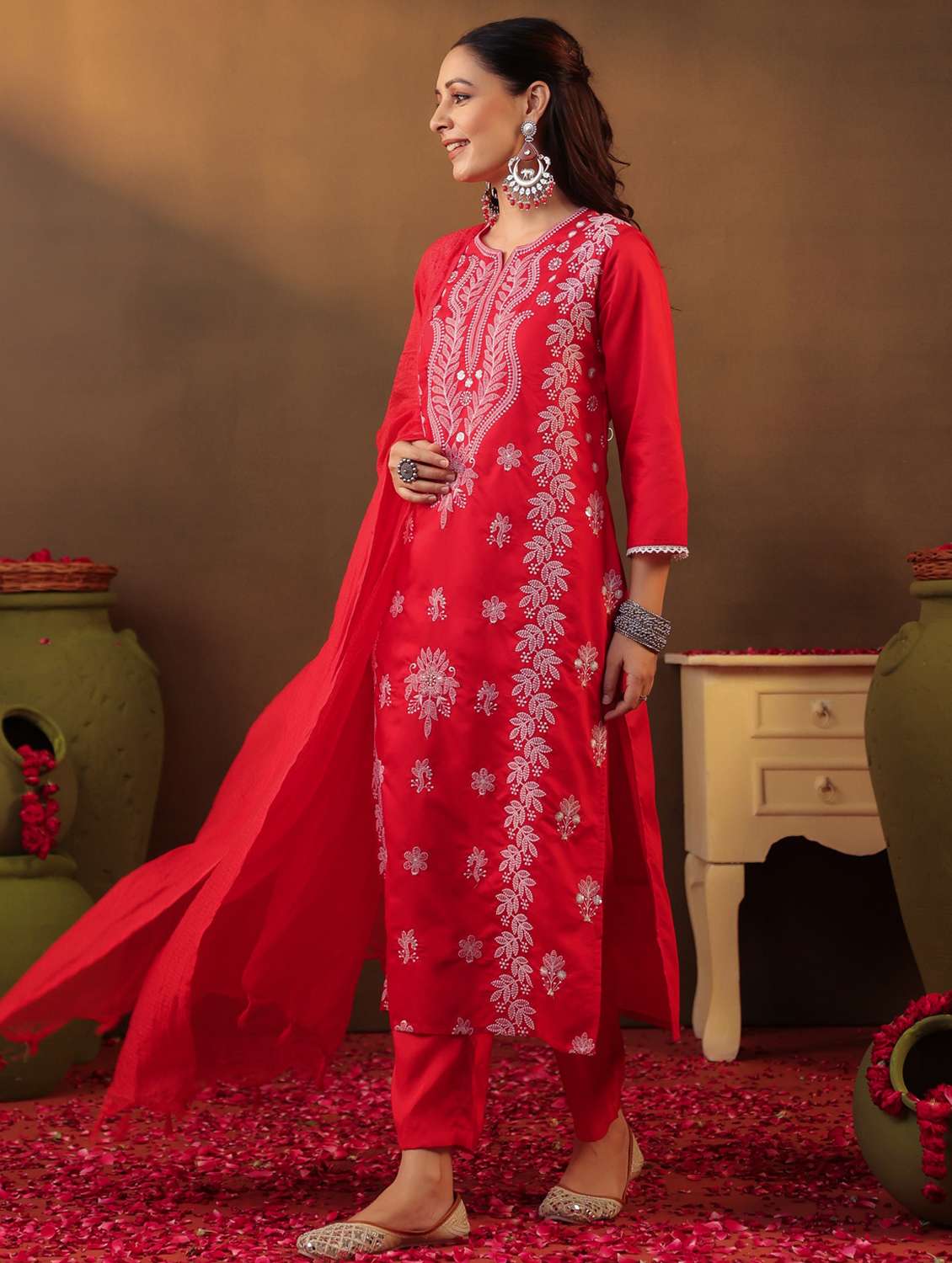 women three quarter sleeve kurta pant with dupatta set - 22062045 - Standard Image - 2
