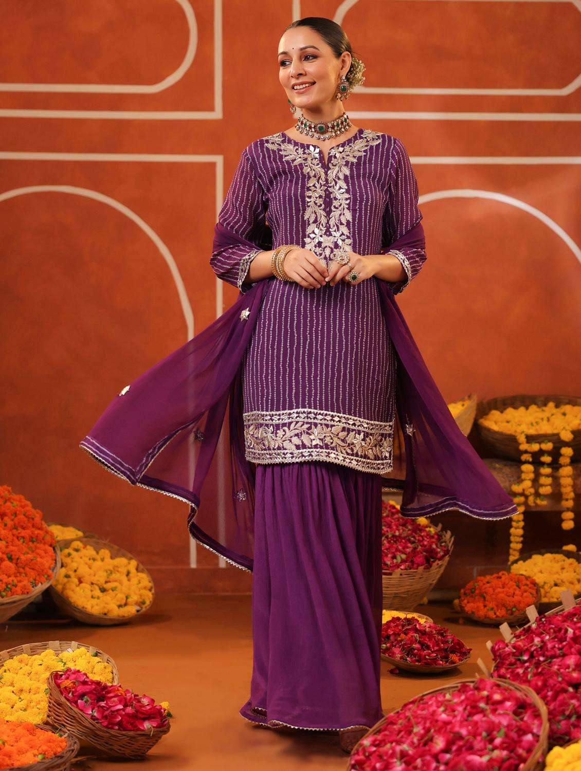 women three quarter sleeve kurta sharara with dupatta set - 22062051 -  Standard Image - 2