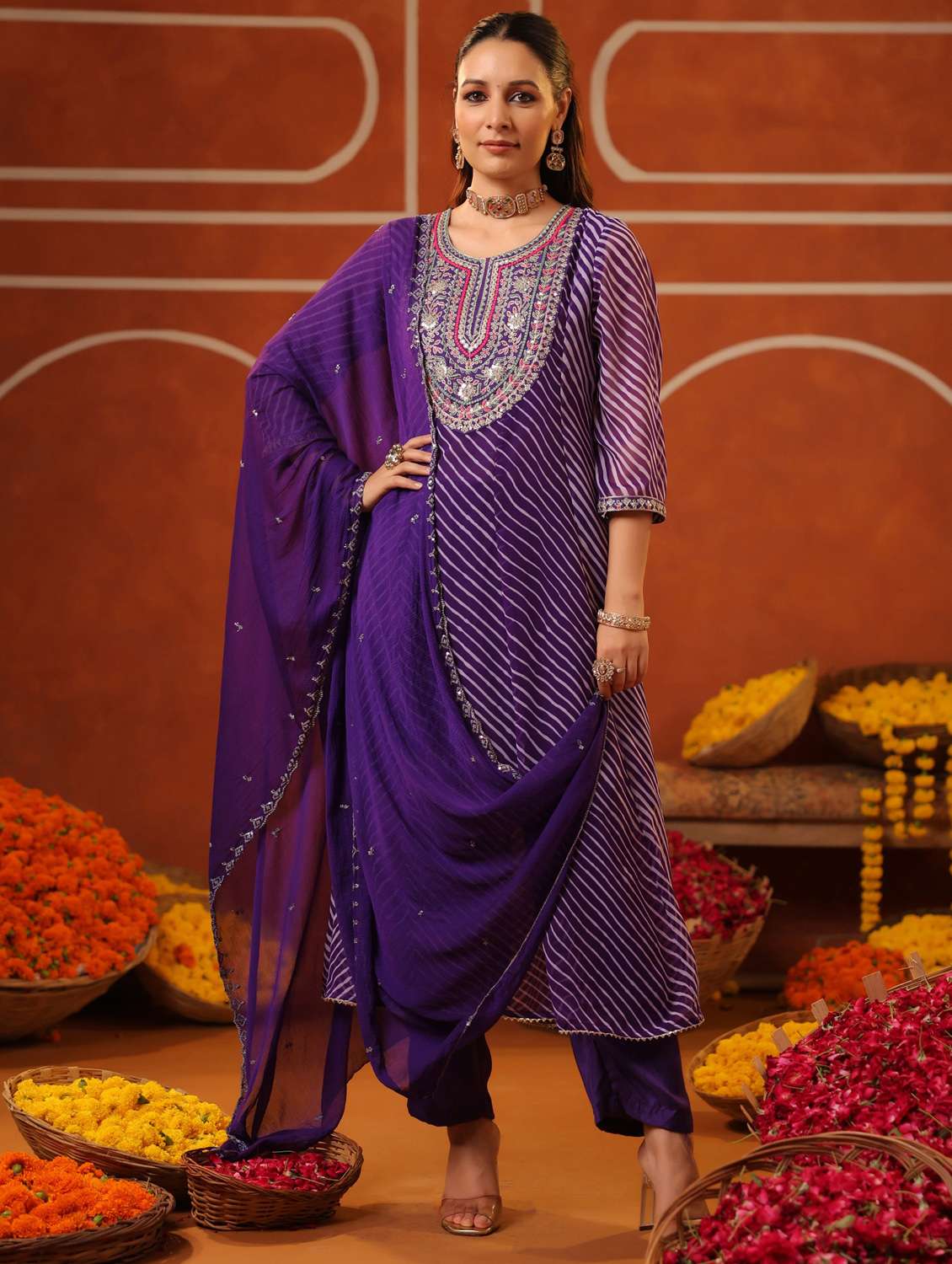 women three quarter sleeve kurta pant with dupatta set