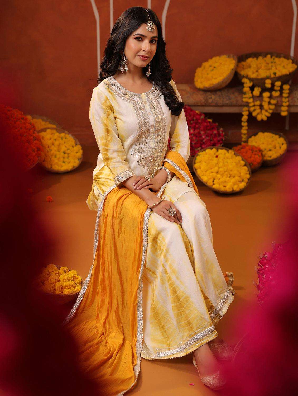 women three quarter sleeve kurta sharara with dupatta set