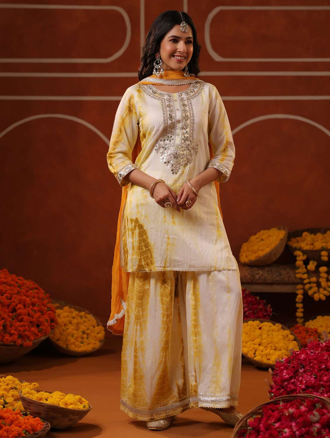 women three quarter sleeve kurta sharara with dupatta set - 22062075 - Standard Image - 2