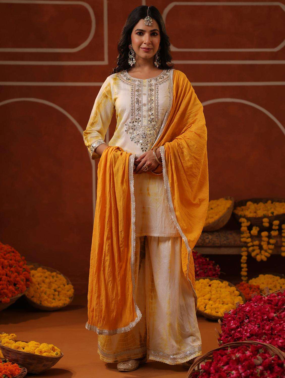 women three quarter sleeve kurta sharara with dupatta set - 22062075 -  Standard Image - 2