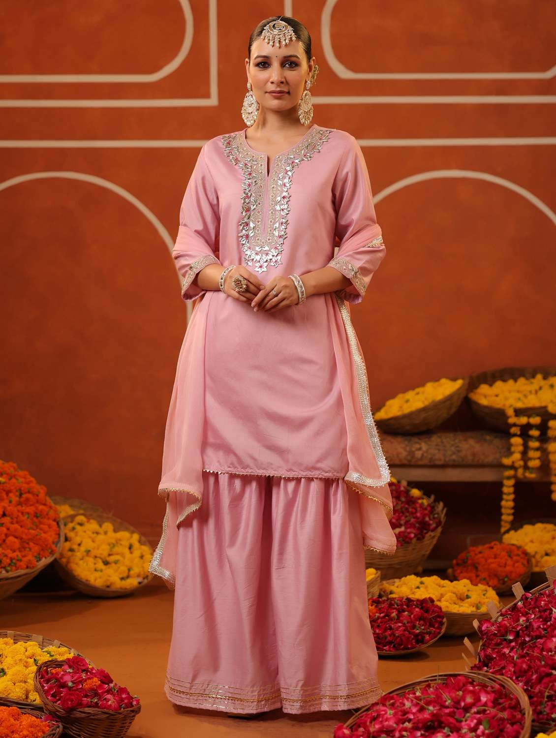 women three quarter sleeve kurta sharara with dupatta set - 22062082 - Standard Image - 2
