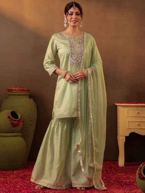 women three quarter sleeve kurta sharara with dupatta set - 22062083 - Standard Image - 0