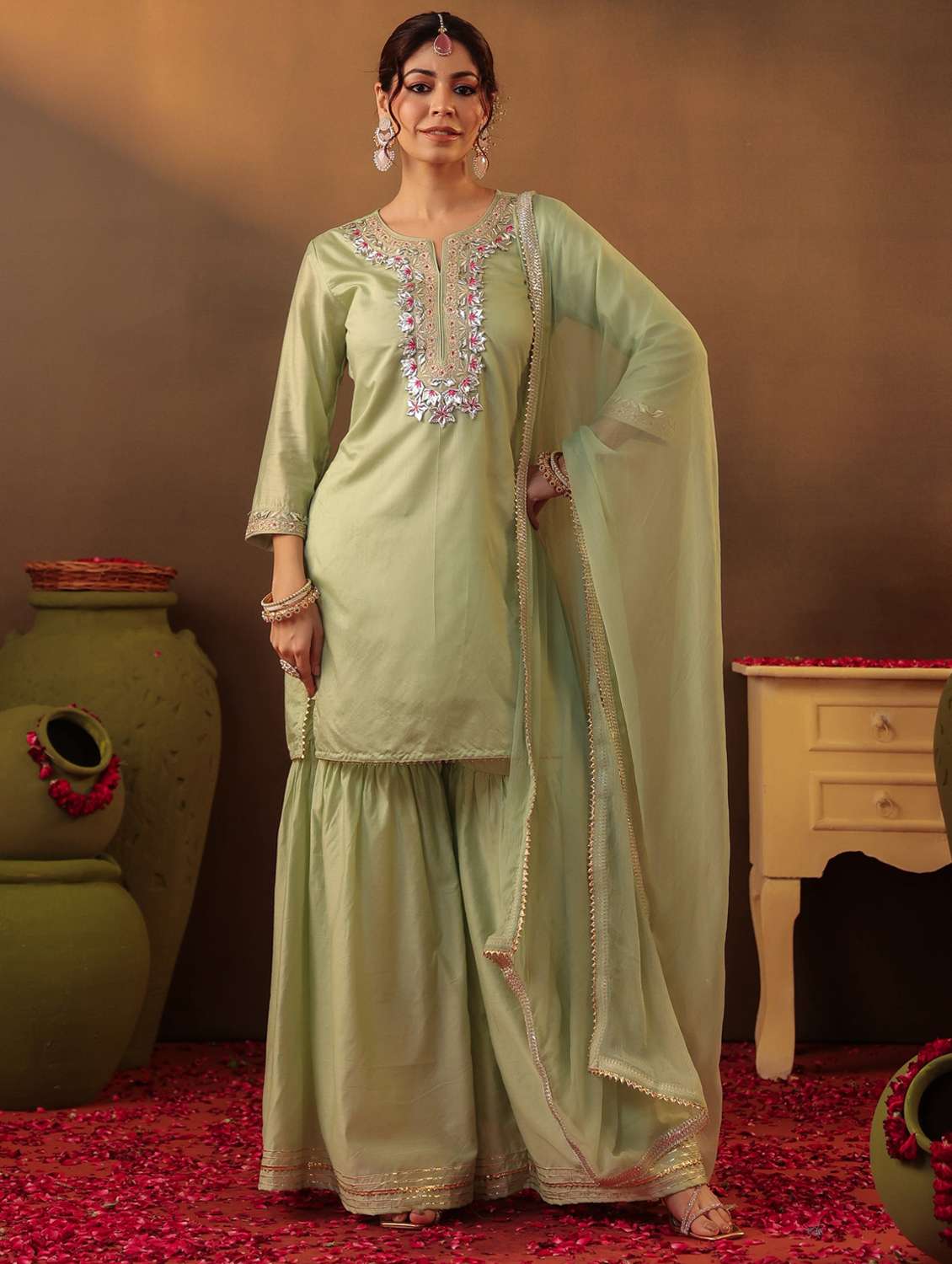 women three quarter sleeve kurta sharara with dupatta set - 22062083 - Standard Image - 2