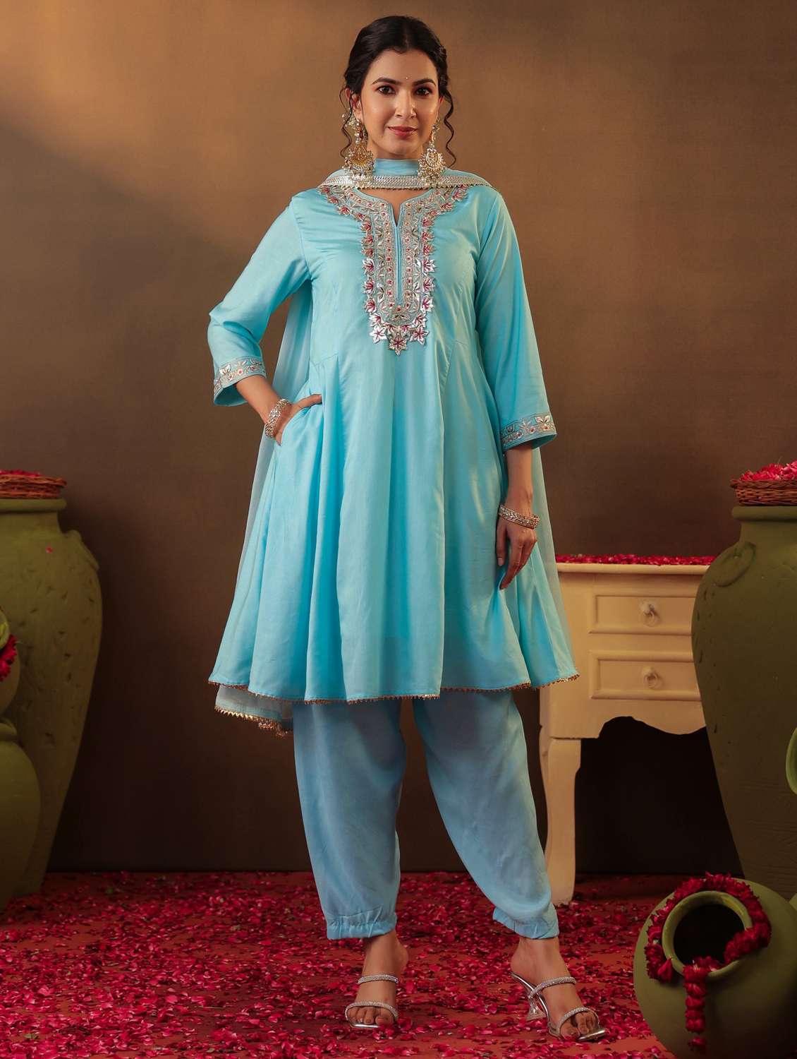 women three quarter sleeve kurta salwar with dupatta set - 22062084 -  Standard Image - 2