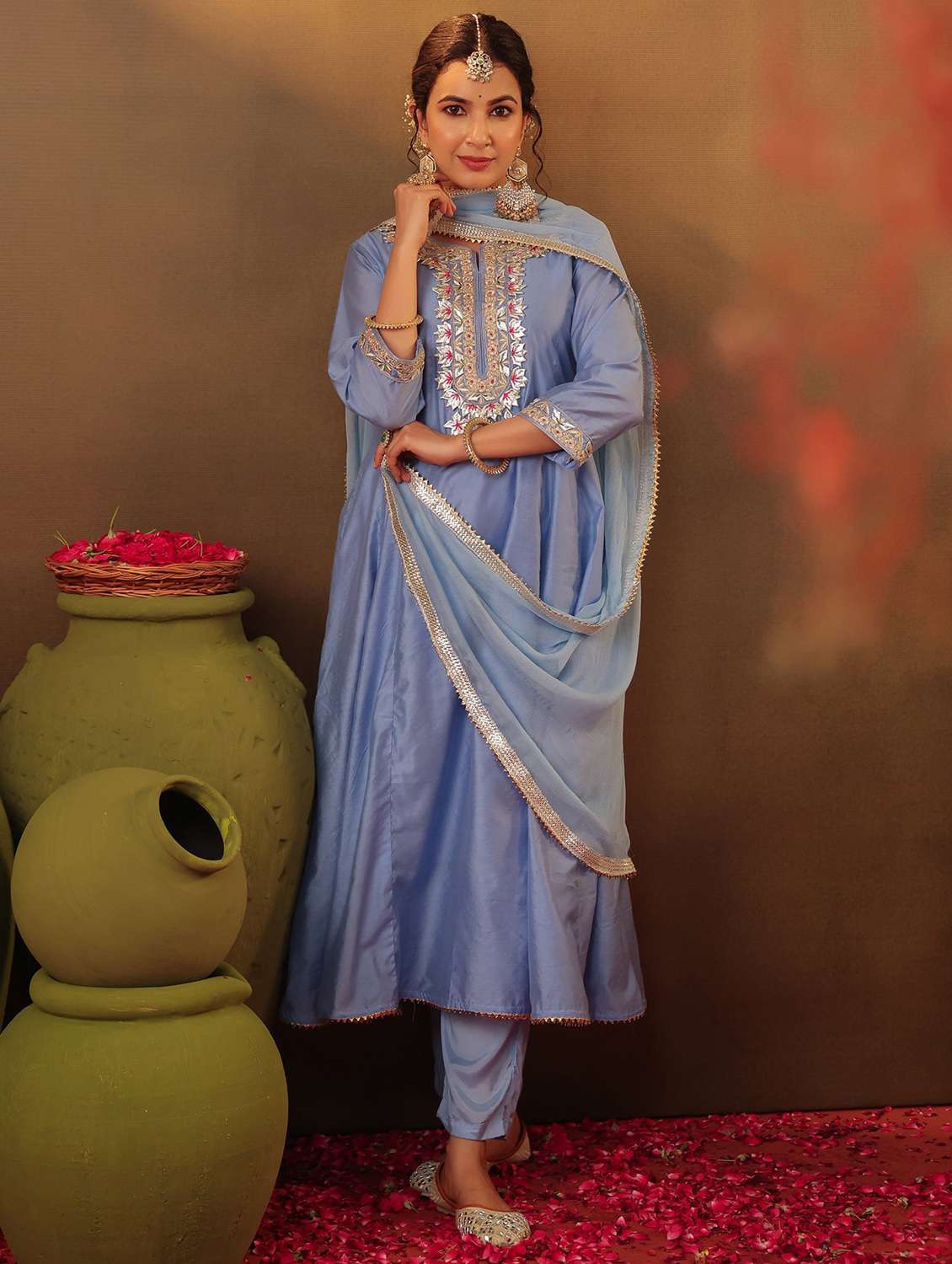 women three quarter sleeve kurta pant with dupatta set