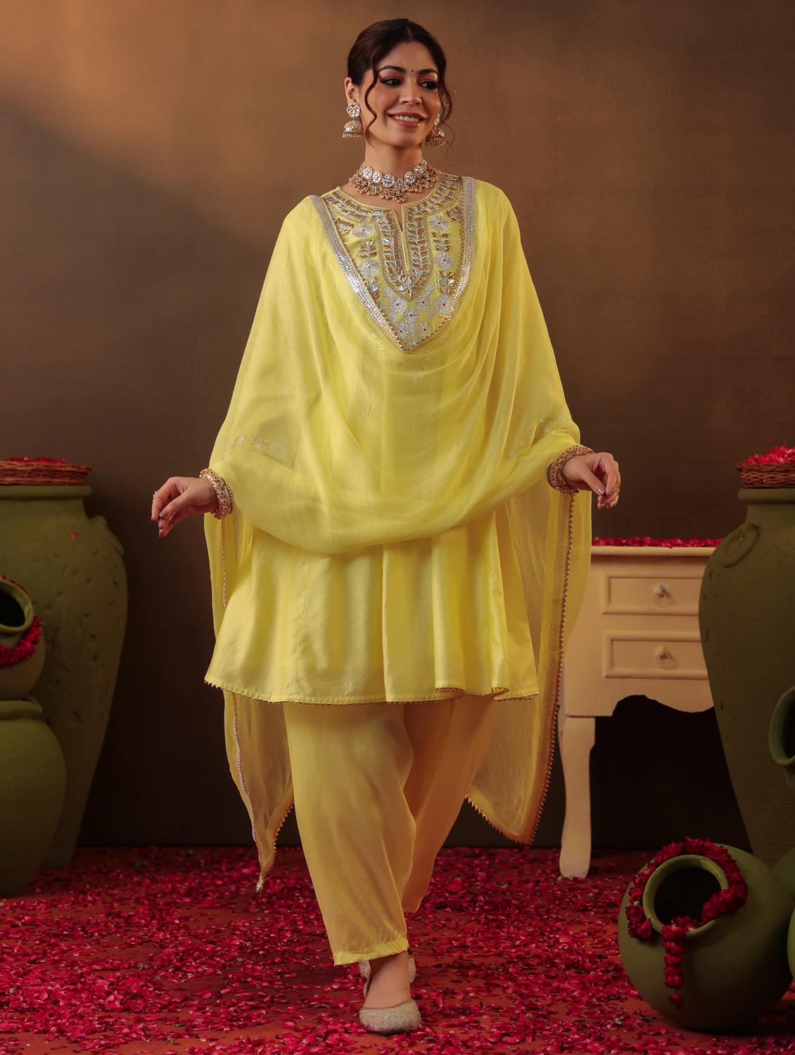 yellow silk anarkali set - 22062087 - Standard Image - 2