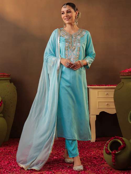 light blue silk kurta pant  set - 22062093 -  Standard Image - 0