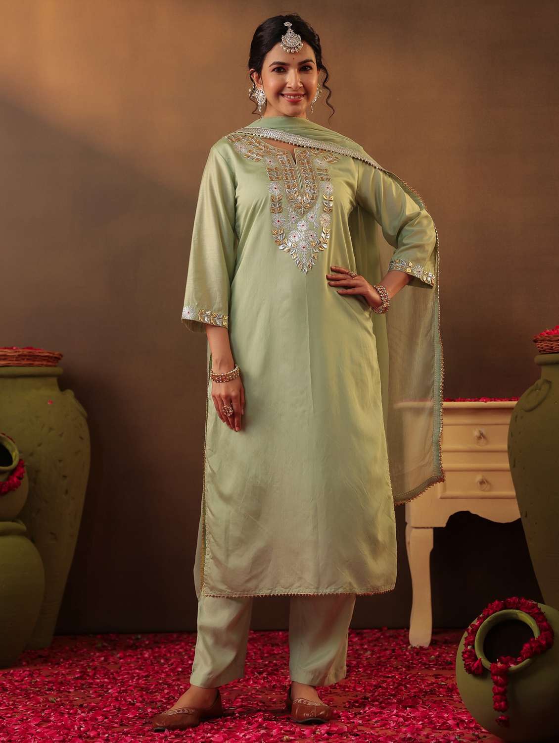 women three quarter sleeve kurta pant with dupatta set - 22062094 - Standard Image - 2