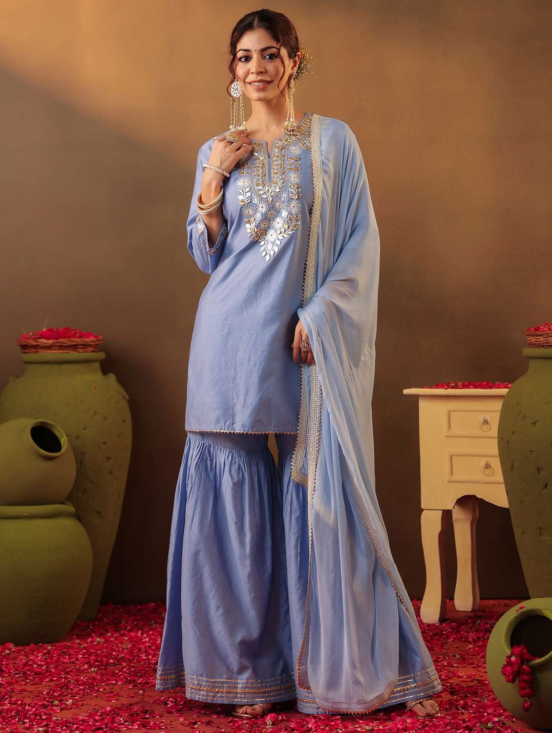 women three quarter sleeve kurta sharara with dupatta set