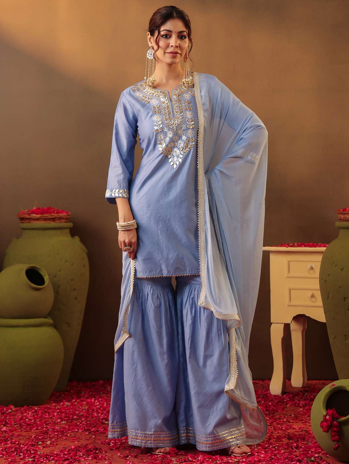women three quarter sleeve kurta sharara with dupatta set - 22062095 - Standard Image - 2