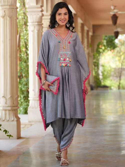 women solid with work kimono sleeve kaftan set - 22062097 -  Standard Image - 0