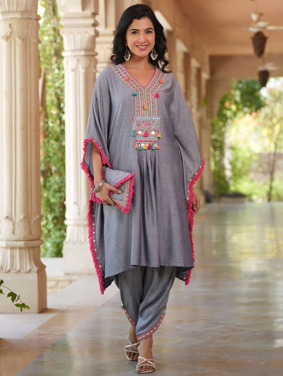women solid with work kimono sleeve kaftan set