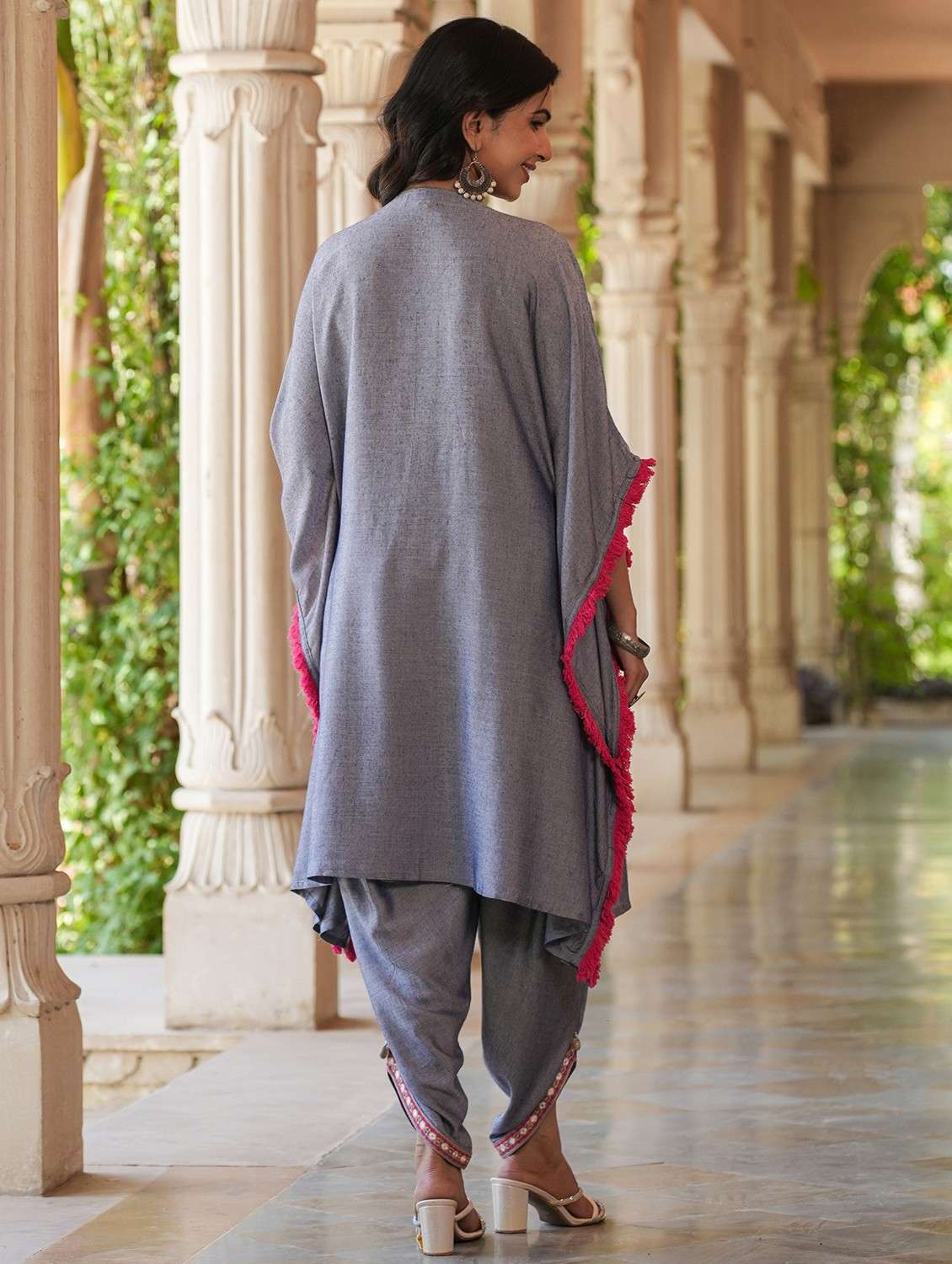 women solid with work kimono sleeve kaftan set - 22062097 - Standard Image - 2