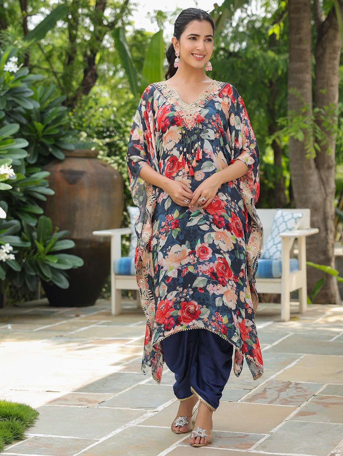 women floral printed kimono sleeve kaftan set