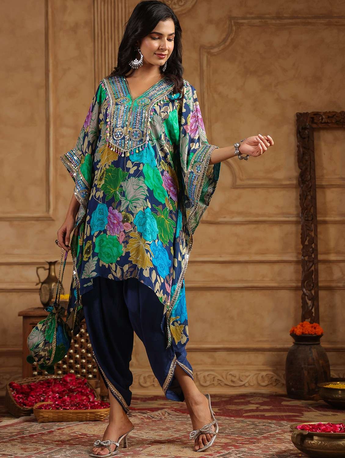 Women Floral Printed Kimono Sleeve Kaftan Set