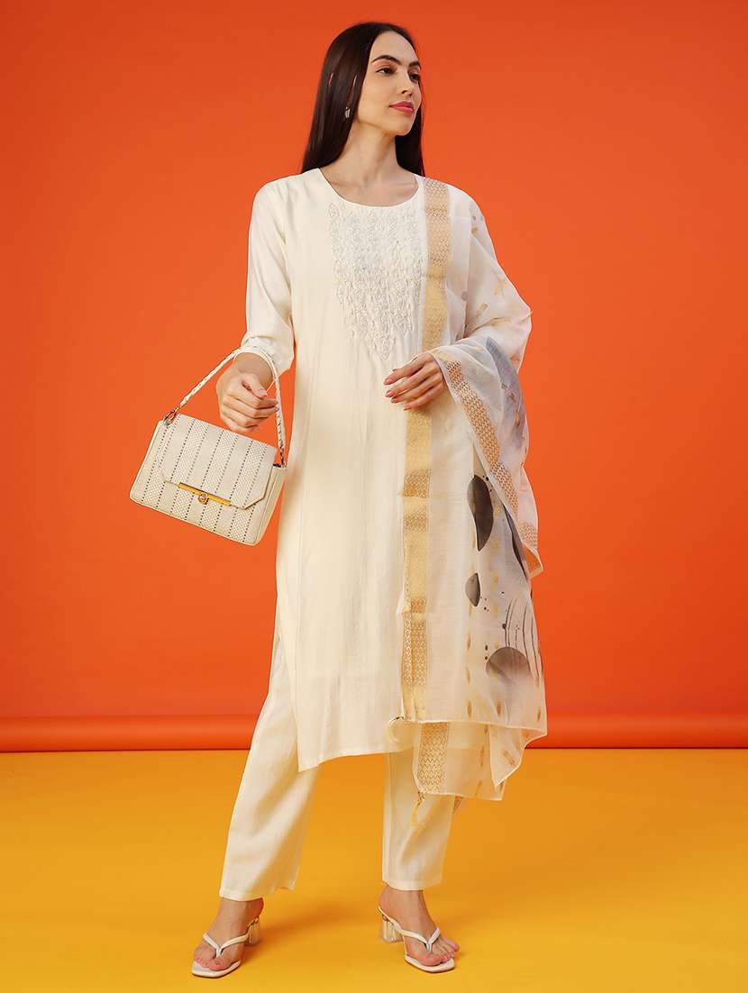 women three quarter sleeve kurta and pant with dupatta 