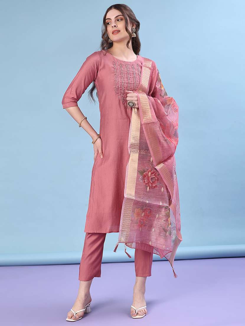 women three quarter sleeve kurta and pant with dupatta 