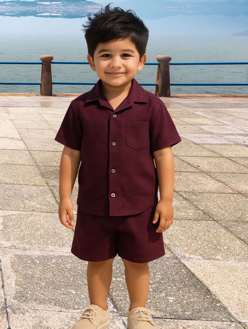 boys solid shirt & shorts co-ords set