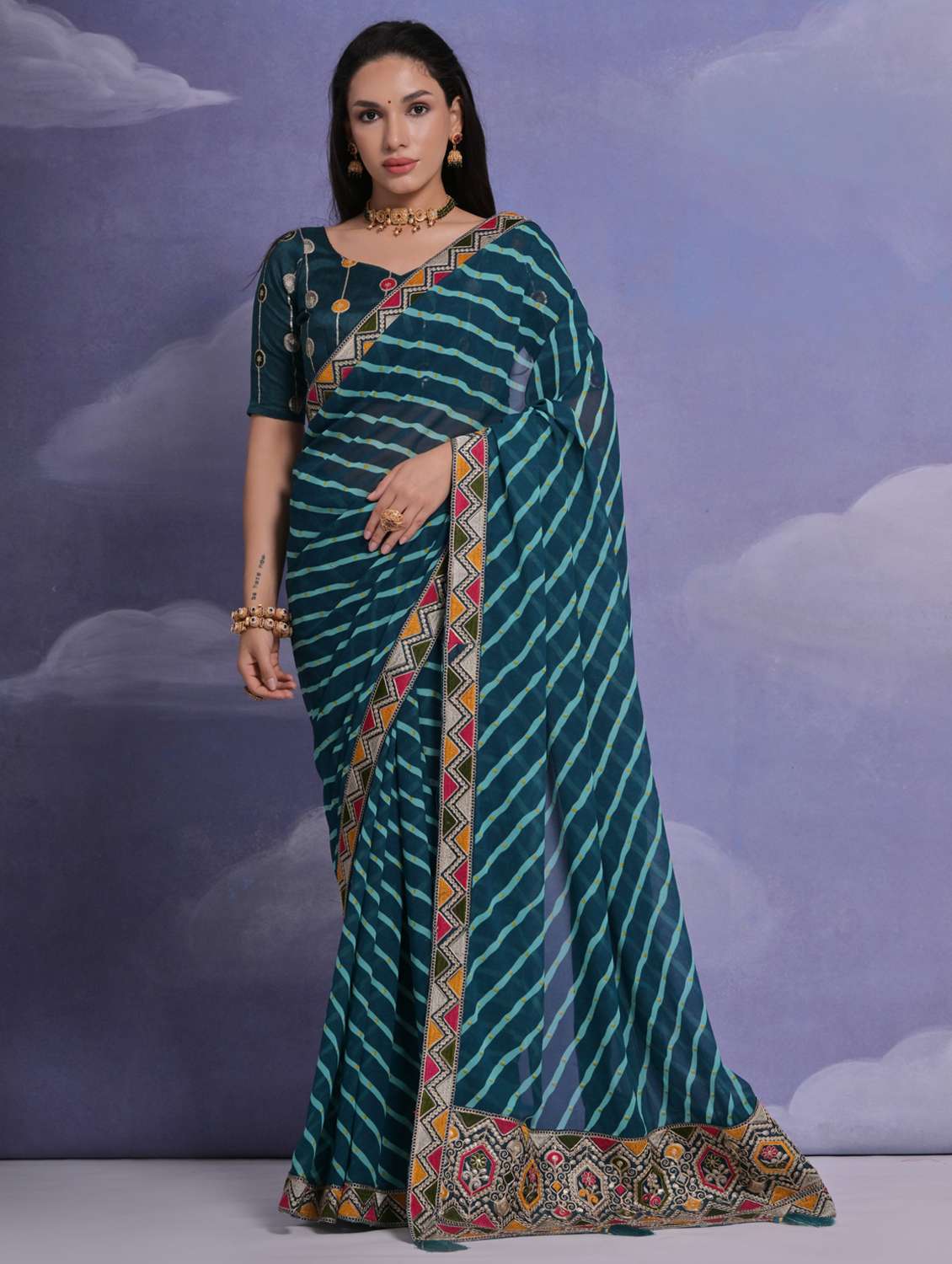 Women Striped Bordered Saree With Blouse
