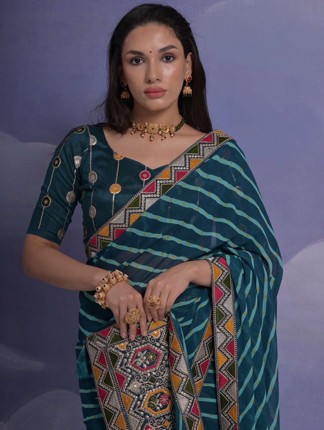Women Striped Bordered Saree With Blouse