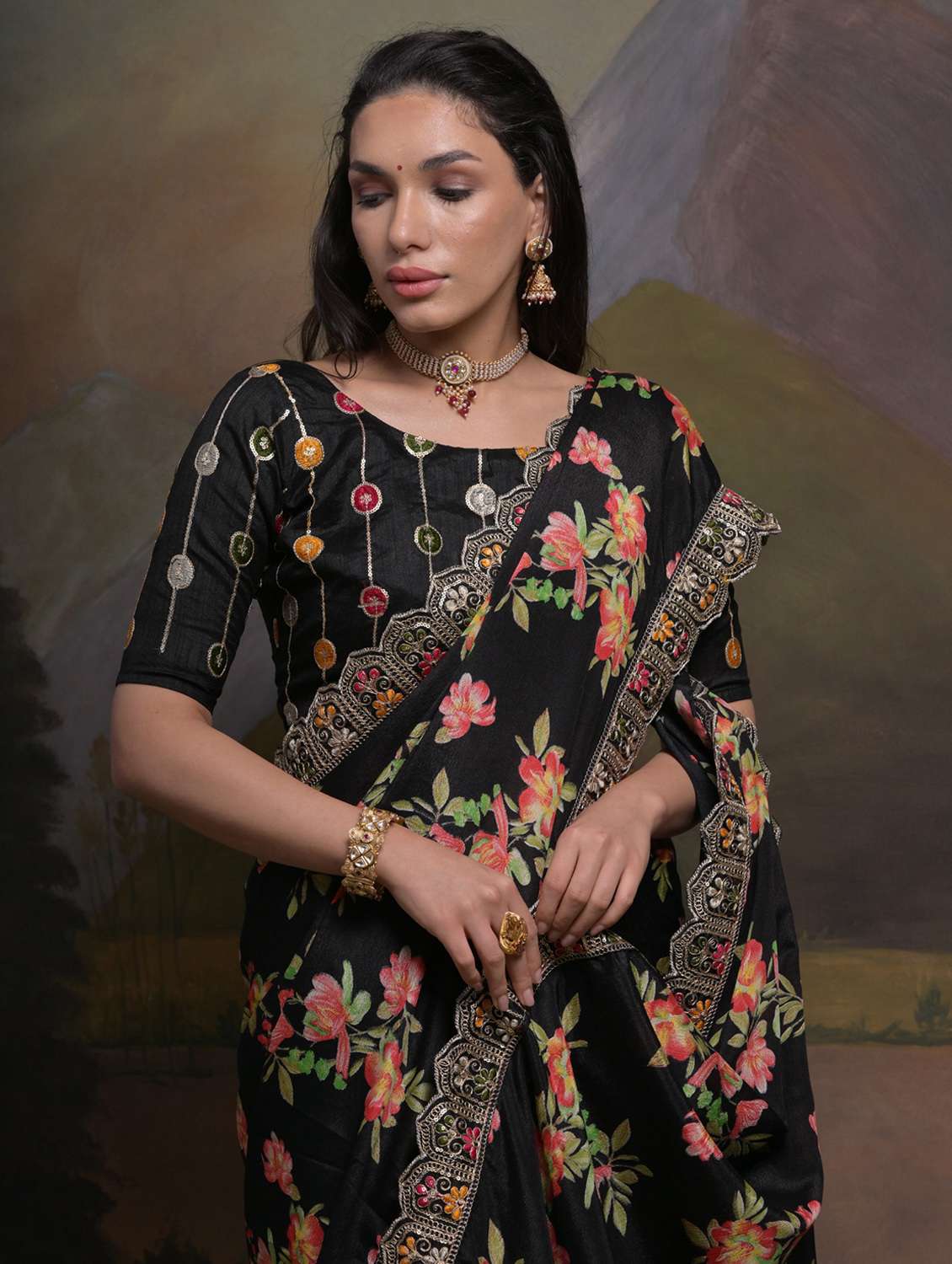women floral printed bordered saree with blouse - 22062947 -  Standard Image - 2