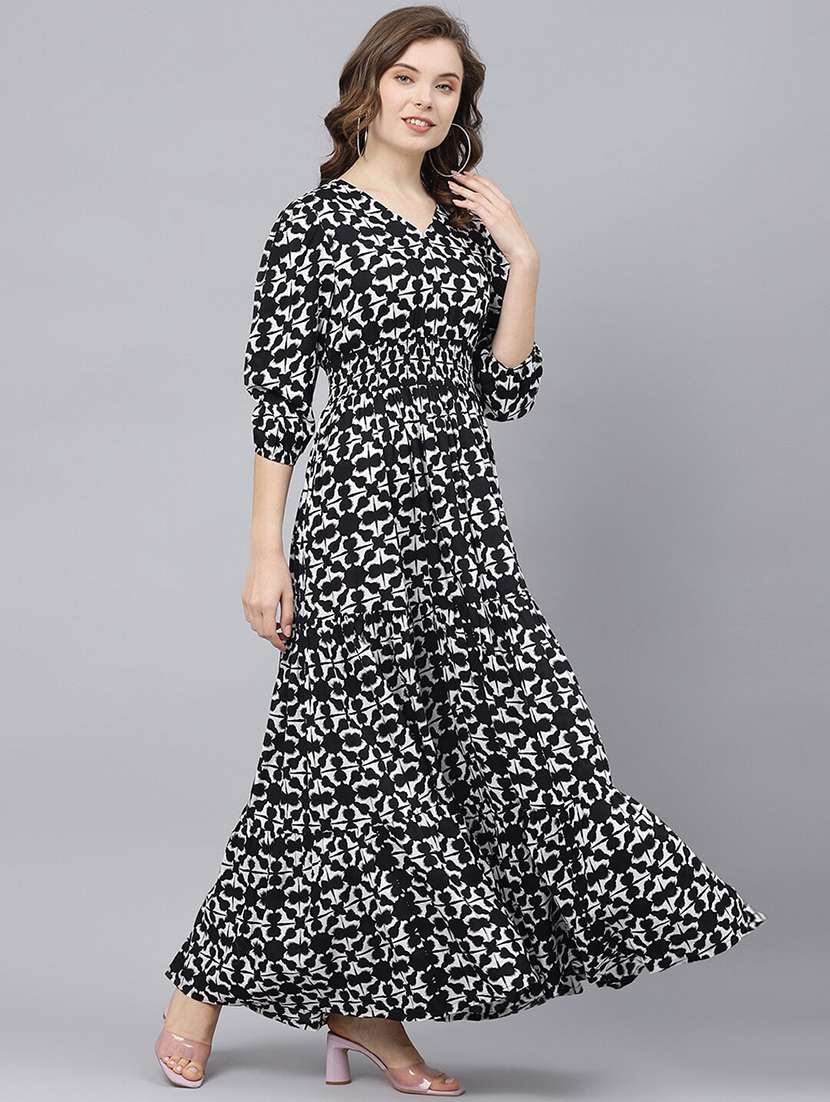 women printed puff sleeve tiered maxi dress
