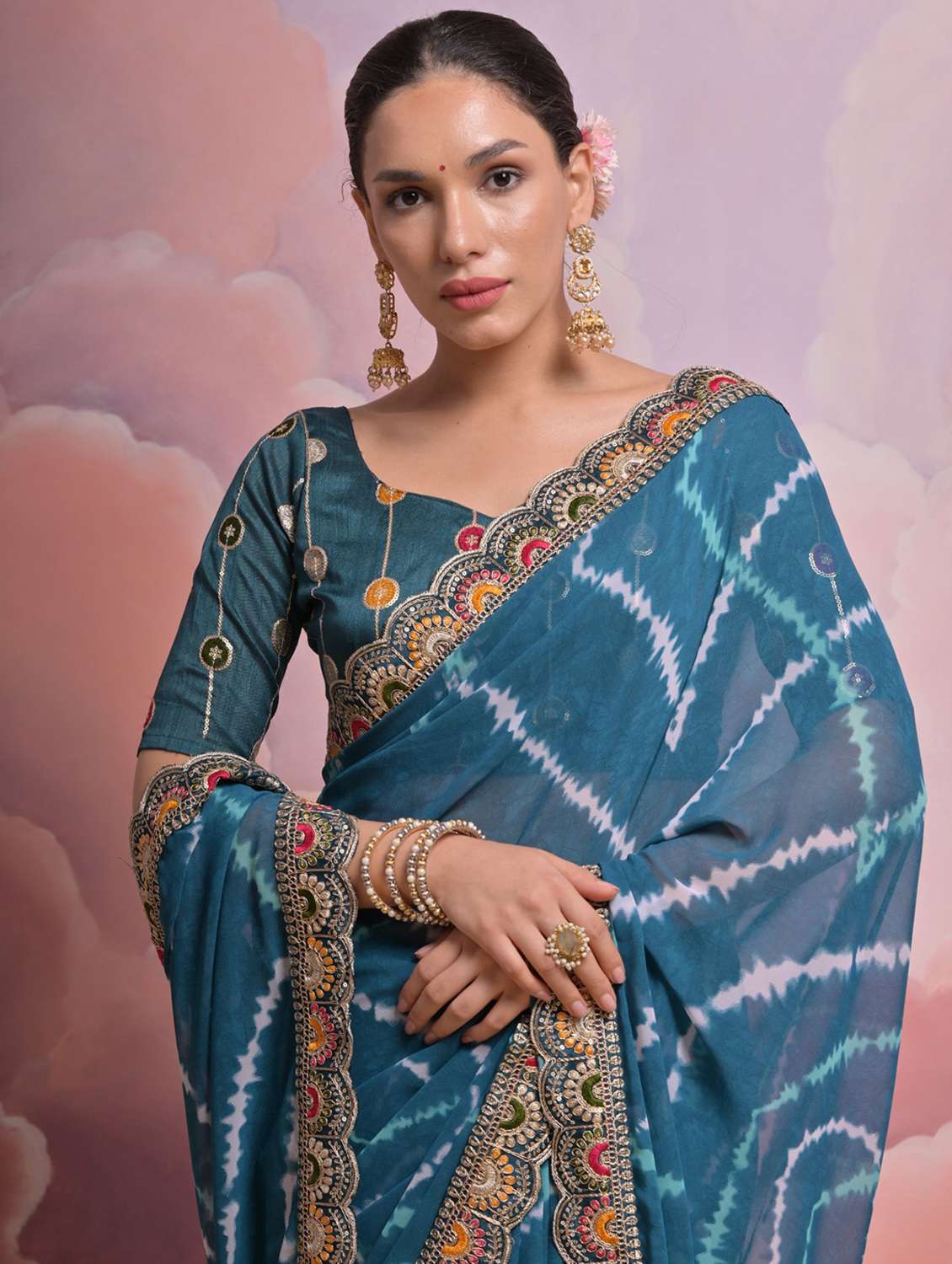 women tie & dye printed bordered saree with blouse - 22063026 -  Standard Image - 2