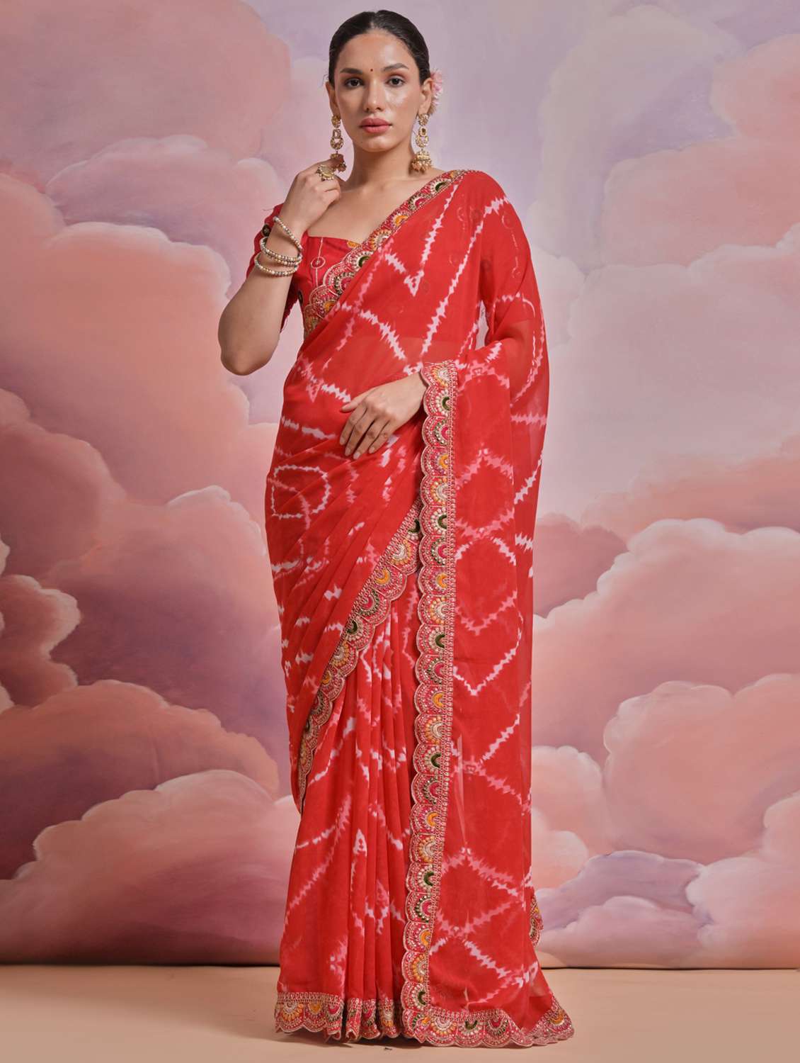 women tie & dye printed bordered saree with blouse - 22063027 - Zoom Image - 0