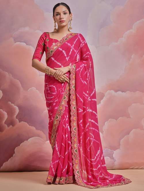 women tie & dye printed bordered saree with blouse - 22063029 - Standard Image - 0