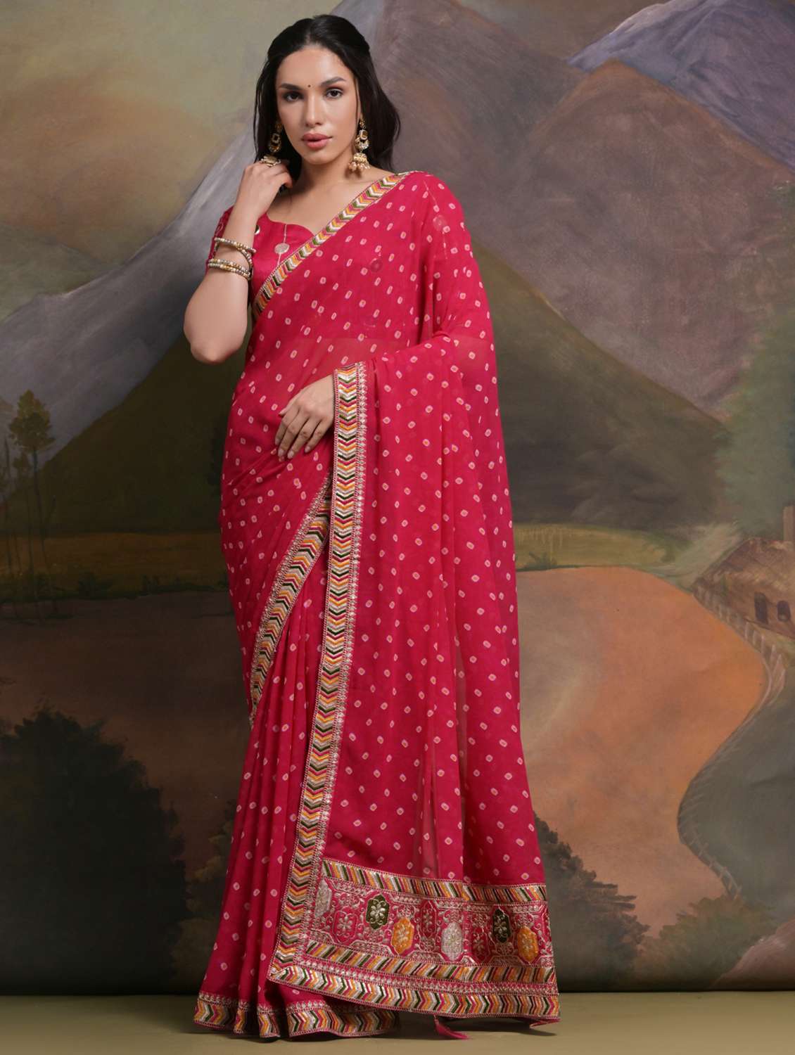 women printed bordered saree with blouse