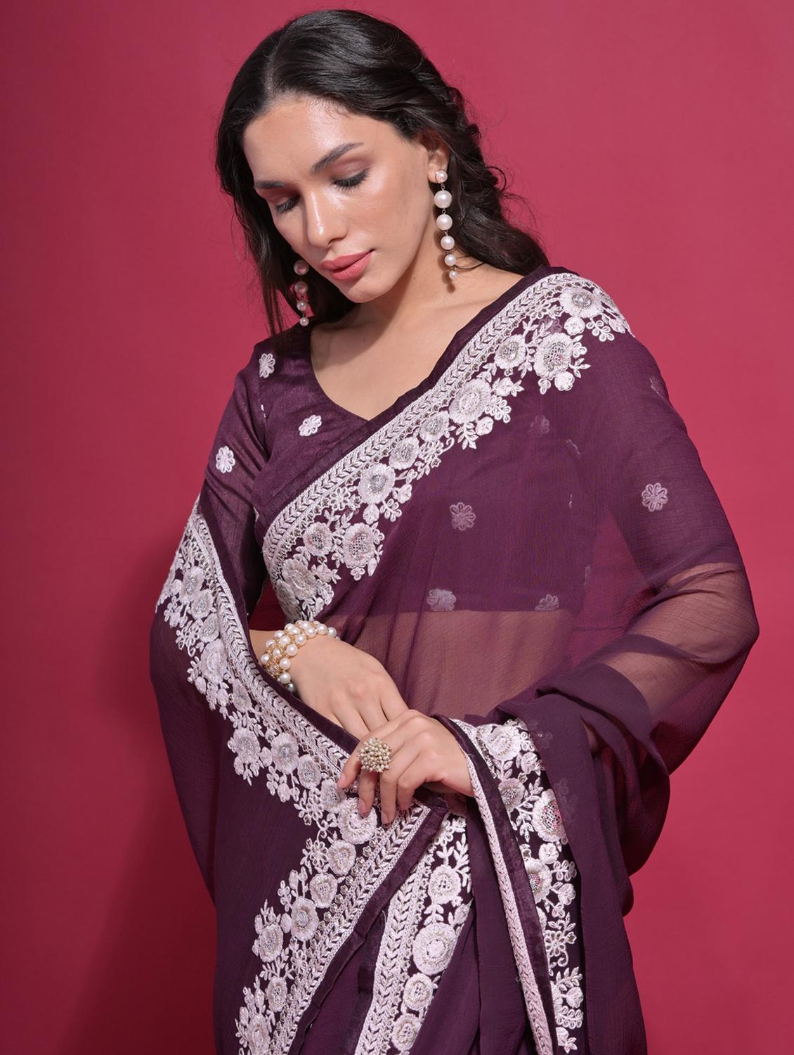 women solid with bordered saree with blouse - 22063041 - Standard Image - 2