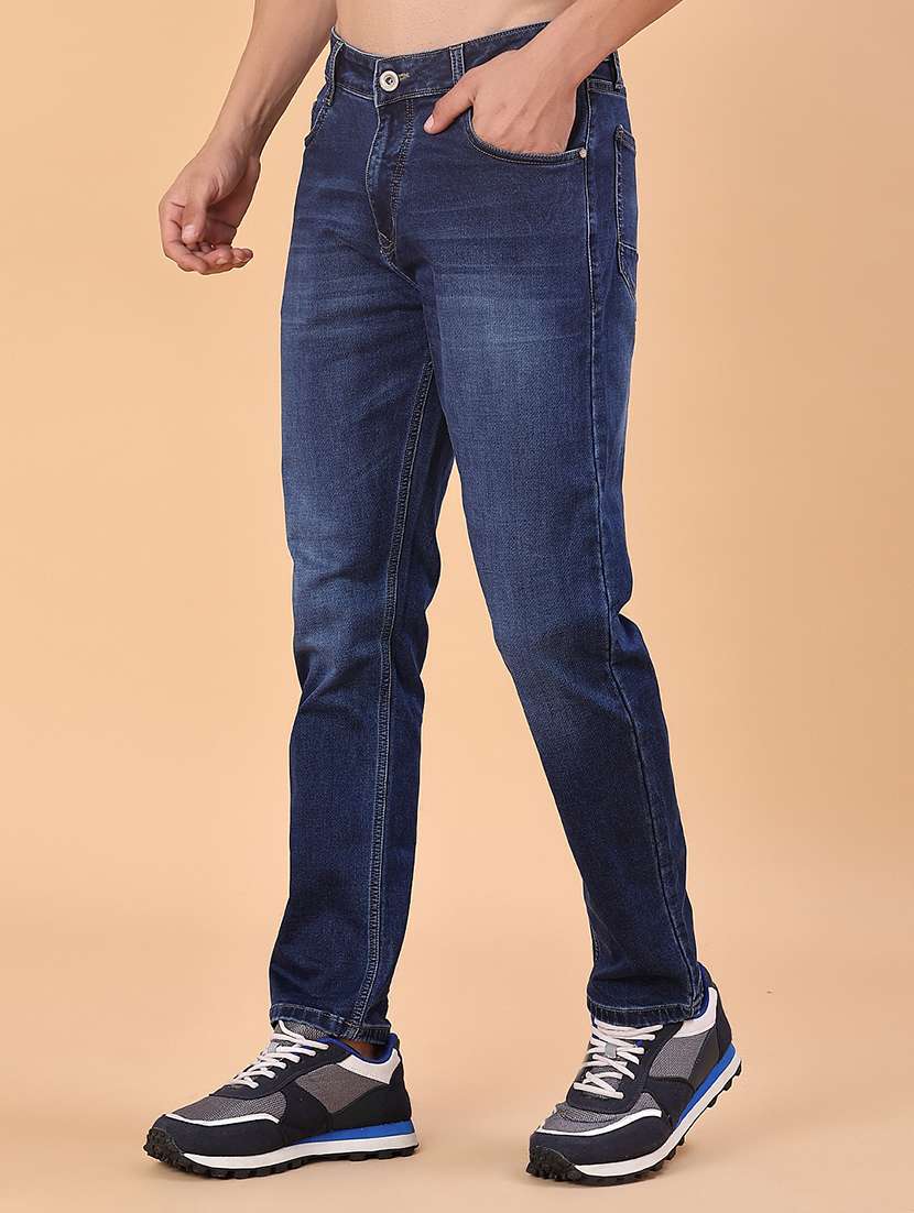 men washed mid rise full length jeans