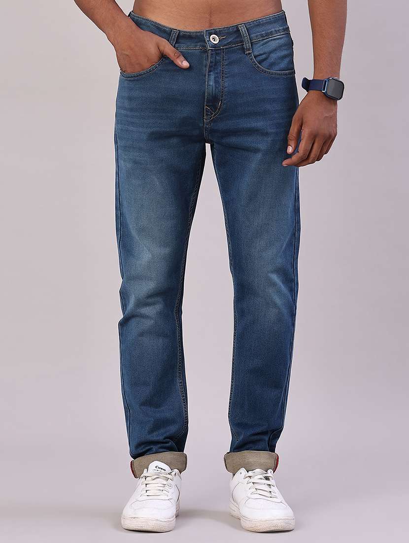 men washed mid rise full length jeans
