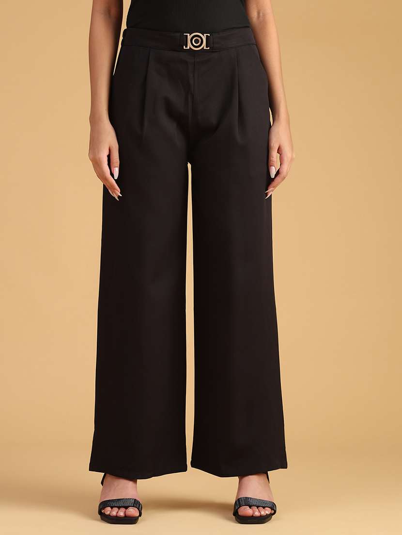women solid mid rise wide leg trouser - 22063744 -  Standard Image - 2