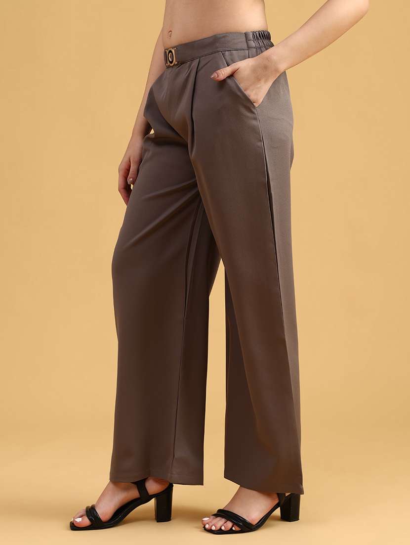 women solid mid rise straight trouser