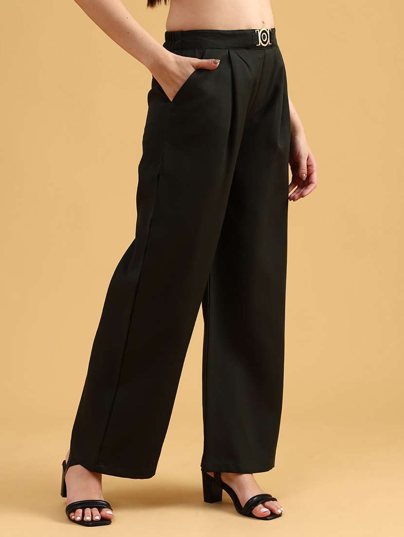 women solid mid rise straight trouser