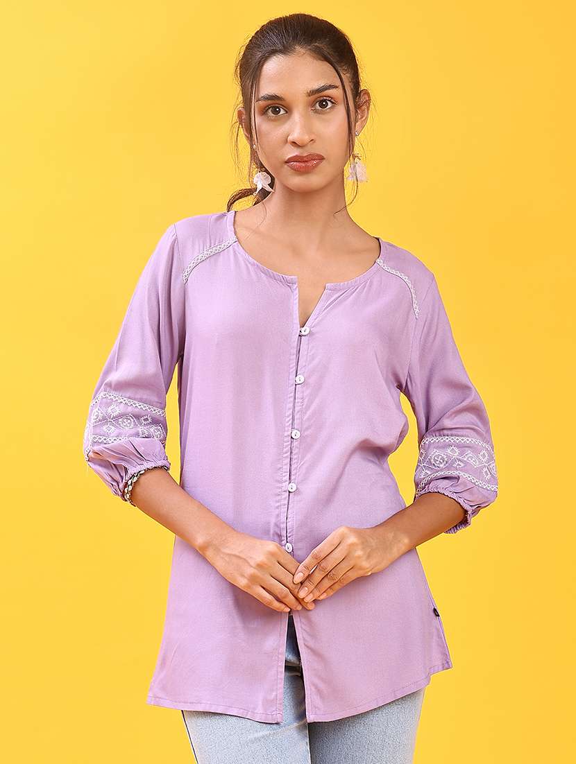 women solid with work three quarter sleeve a-line kurti - 22063806 -  Standard Image - 2