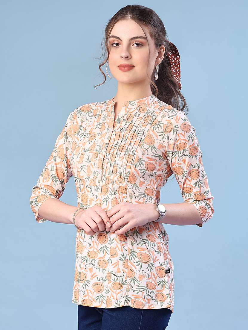 women floral printed three quarter sleeve a-line kurti - 22063808 -  Standard Image - 2
