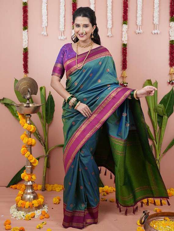 multi colored silk banarasi saree with blouse